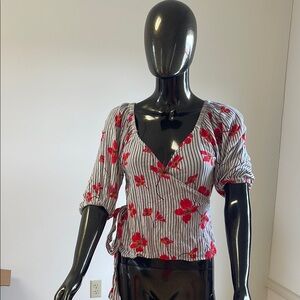 Billabong Red and Black Tie Front Wrap Blouse